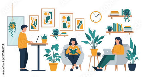 People working and relaxing in a modern home office.