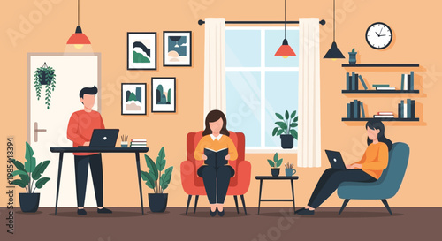 People working and reading in a cozy home office setting.