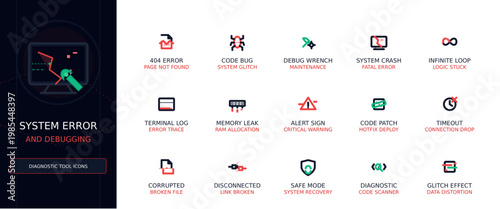 System Error and Debugging Vector Icon Set, Minimalist Outline UI Elements for Diagnostic Tools
