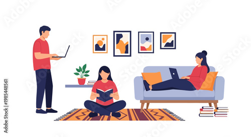 People relaxing and working in a cozy living room setting.