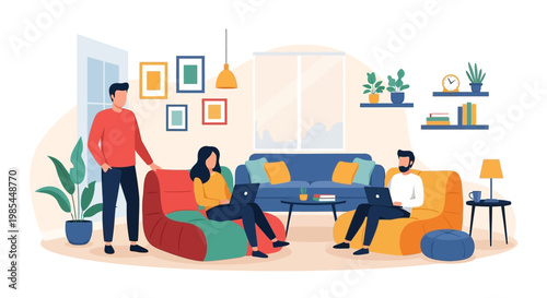 Group of friends relaxing and chatting in a modern living room setting.
