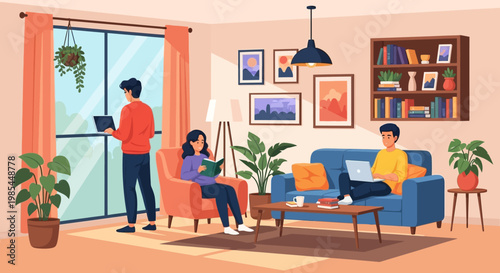 People relaxing and working in a cozy living room setting.