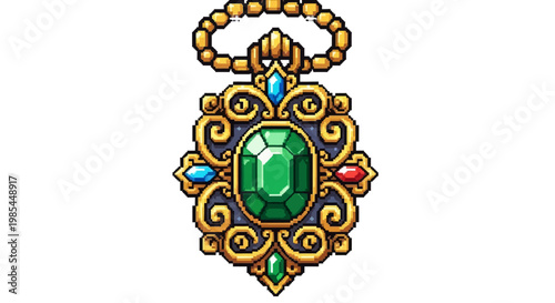 Ornate Emerald Pendant with Gold Chain and Jewels.