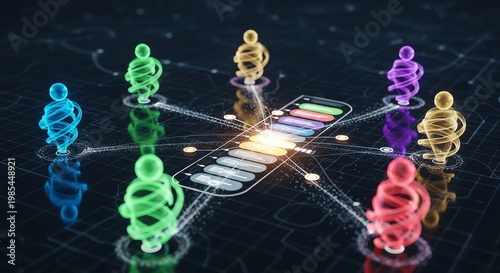 Colorful 3D Chess Pieces with Digital Interface and Light Effects.