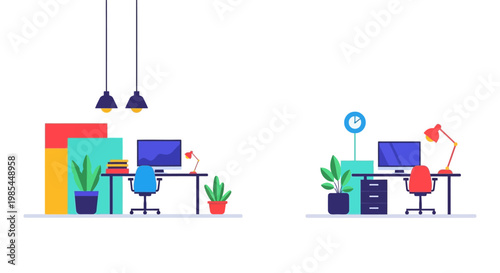 Modern Office Desks with Computers and Office Supplies.