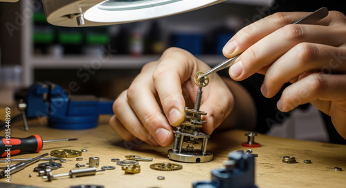 Watchmaker Hands Assembling Precision Mechanical Parts Under Magnifying Lamp