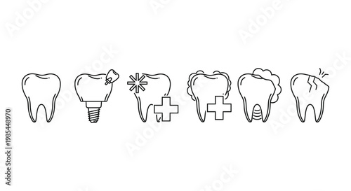 Dental health icons set showing tooth anatomy implants and decay treatment for professional clinic branding