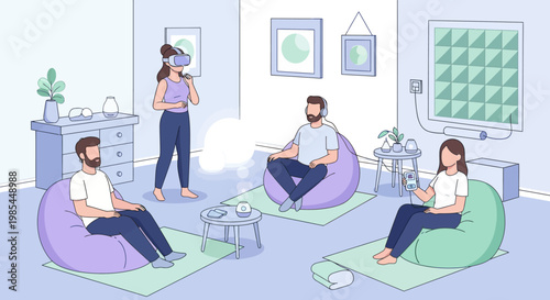 Group therapy session with people meditating on beanbags.