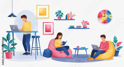 People working and relaxing in a modern home office setting.