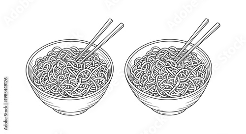 Bowl of noodles with chopsticks line art vector illustration for restaurant menu and food branding
