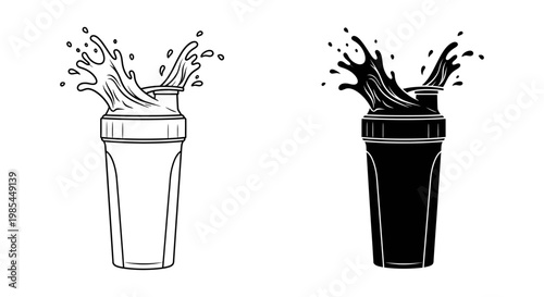 Protein shaker bottle with energetic splash in line art and solid black silhouette for fitness branding