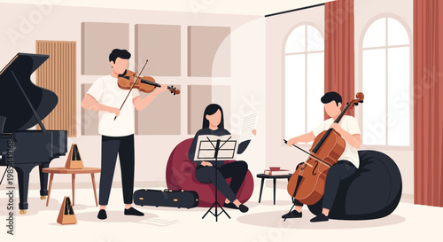 Musicians playing instruments in a room.