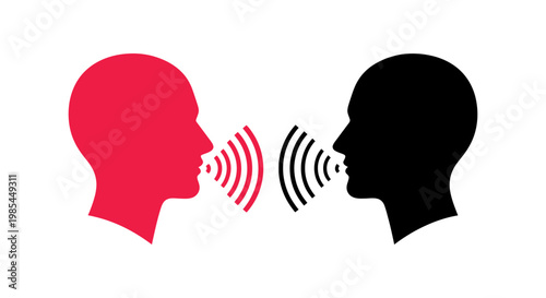 Communication concept with two human head profiles facing each other sharing ideas via sound waves