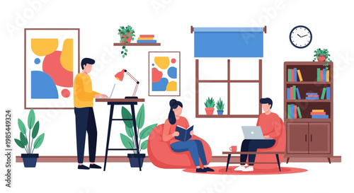 People working and reading in a modern coworking space.