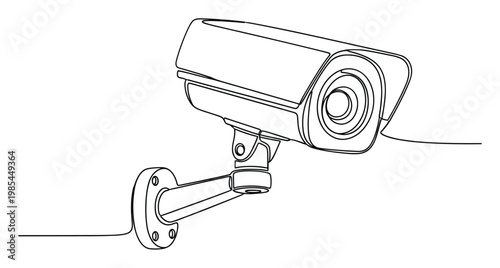 A modern continuous line drawing of a wallmounted security camera offering constant surveillance and protection for various home or business security systems.