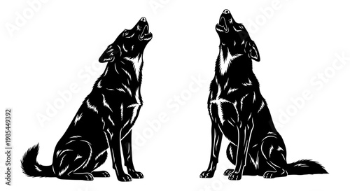 Howling wolf silhouettes in two different sitting poses isolated on white background for outdoor gear