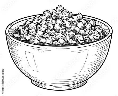 Hand drawn sketch of a bowl filled with diced food and a parsley garnish, perfect for culinary graphics, recipe books, cooking blogs, or kitchen decor applications