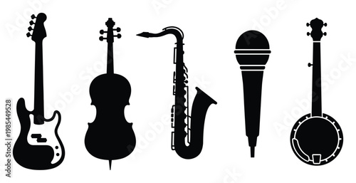Collection of musical instrument and microphone silhouettes representing various genres and sounds ideal for media projects or performance event promotions