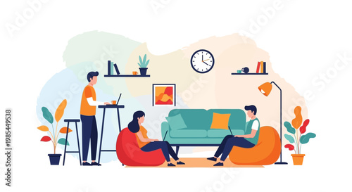 People working and relaxing in a modern living room.