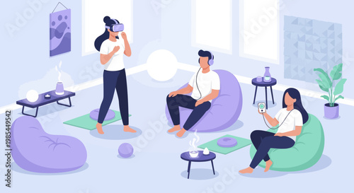 People enjoying virtual reality and relaxation in a modern room.