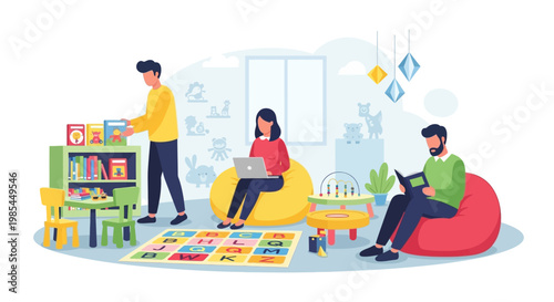 People relaxing and working in a cozy lounge area.