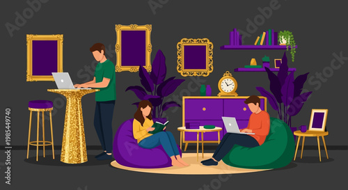 People working and reading in a modern lounge area.