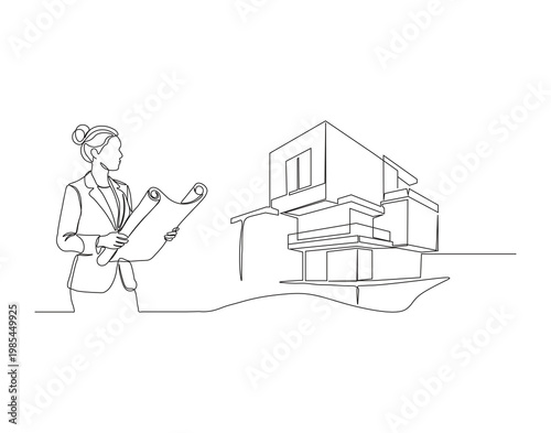 Continuous single line drawing of civil engineer reading blueprint paper and company corporate building. Architect reading blueprint paper single line vector illustration. Editable outline.