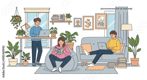 People working and relaxing in a cozy home environment.