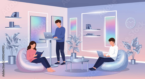 People working and relaxing in a modern lounge area.