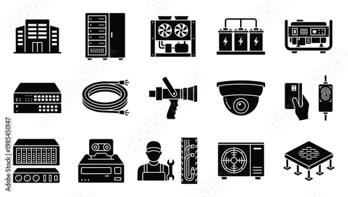 Comprehensive glyph icons for digital infrastructure covering server racks, networking equipment, security access, power generation, and maintenance services, perfect for technology related
