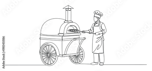 Skilled pizzaiolo places freshly prepared pizza into a mobile woodfired oven on a wheeled cart, ideal for cooking demonstrations or culinary business advertisements