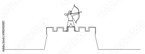 Continuous line drawing of an archer on a castle wall aiming a bow and arrow, symbolizing focus, precision, and determination for various marketing or graphic design projects.