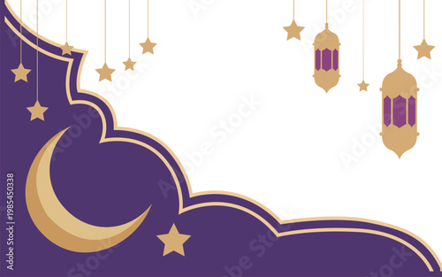 Elegant Islamic Background with Crescent Moon, Hanging Lanterns and Stars in Purple and Gold.