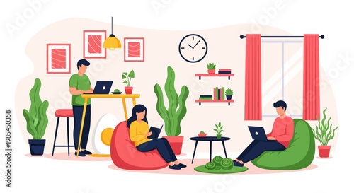 People working and relaxing in a cozy home environment.