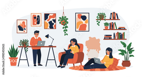 People working and relaxing in a cozy home office environment.