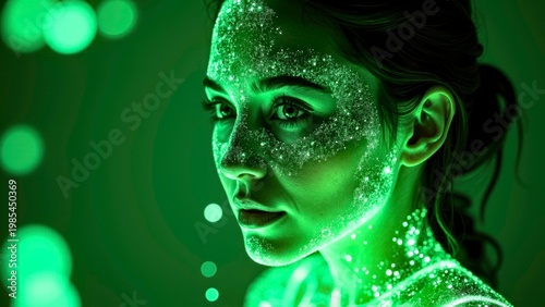 Glowing Woman Portrait With Green Sparkle Face