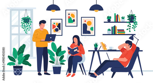 People working and relaxing in a modern office space.