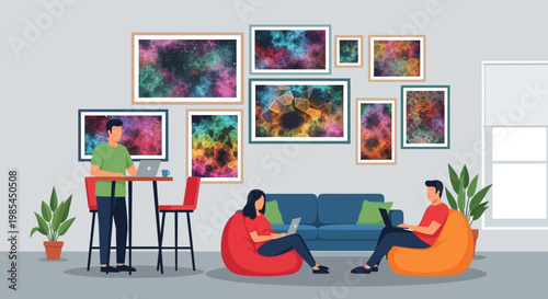 People working and relaxing in a modern office space.