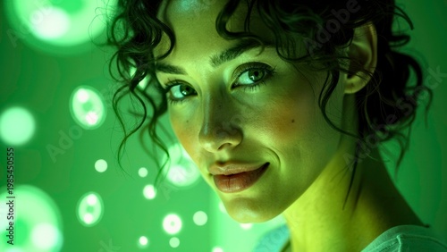 Portrait Woman Green Light Bokeh