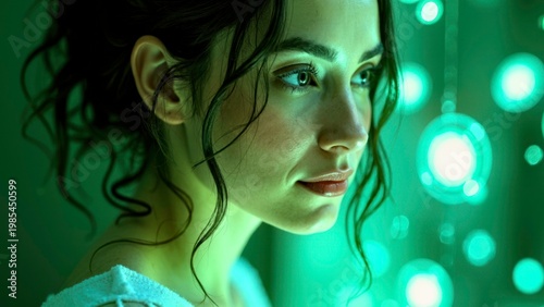 Woman with wet hair and green lighting