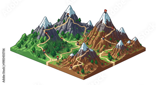 Isometric Mountain Landscape with Winding Paths and Peaks.