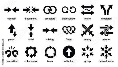 Vector icons showing human and organizational relationships, actions like connect, disconnect, associate, parent, child, friend, enemy, team, group, suitable for UI, diagrams, presentations.