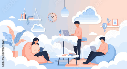 People working and relaxing in a surreal cloud environment.