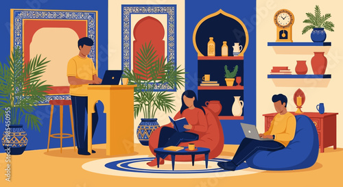 People working and relaxing in a vibrant home office.