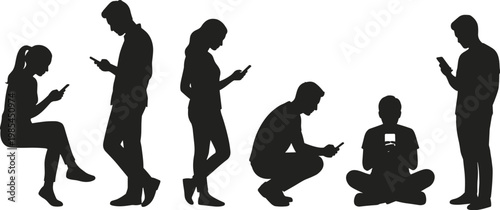 A silhouette illustration depicts a group of people engrossed in their mobile phones representing modern digital connectivity and isolation high quality professional