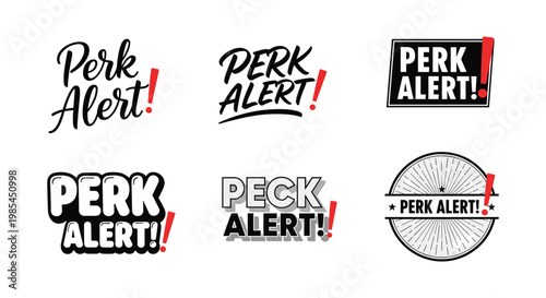 A collection of perk alert and peck alert logos in various styles and color schemes are displayed on a white background