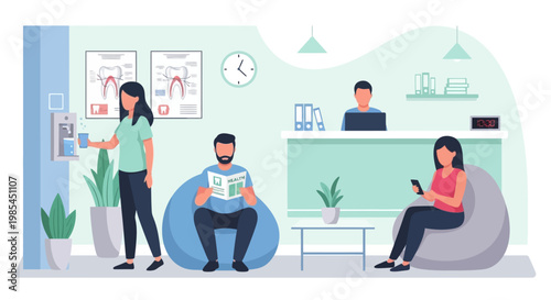 People waiting in a modern dental clinic reception area.