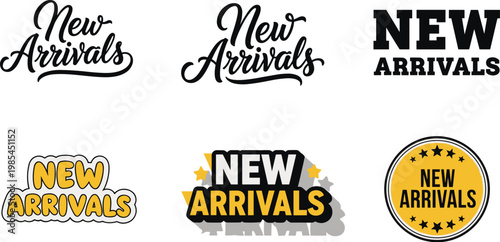 A collection of diverse new arrivals typographic designs showcasing varying styles colors and badge like presentations high quality professional detailed modern elegant