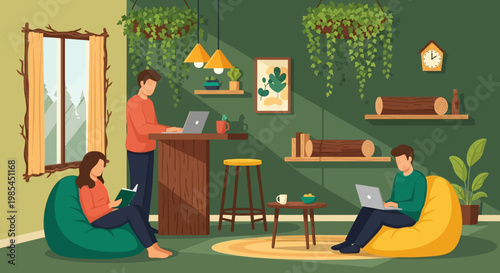 People working and reading in a cozy coworking space.