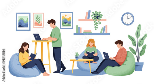 People working and reading in a cozy coworking space.